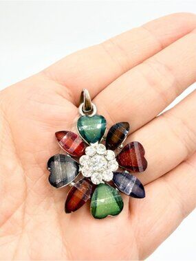 Vintage Multicolor Glass Flower Pendant Rhinestone Center